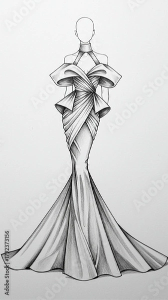 Obraz Dramatic Couture Gown Fashion Sketch with Ruffled Sleeves and Draping Detail