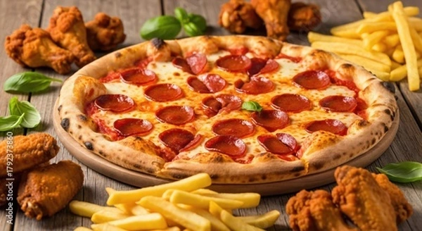 Obraz Delicious Pepperoni Pizza with Chicken Wings and French Fries Served on Rustic Wooden Table