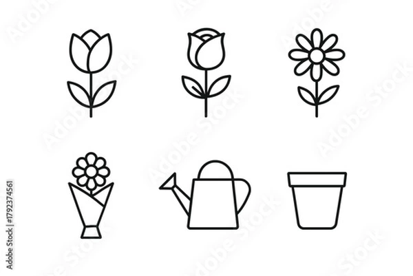 Fototapeta Minimalist flower and gardening icons featuring tulip, rose, daisy, watering can, bouquet, and pot