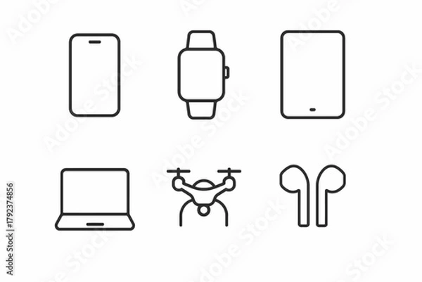 Fototapeta Icon set of smartphone, smartwatch, tablet, laptop, drone, and earbuds