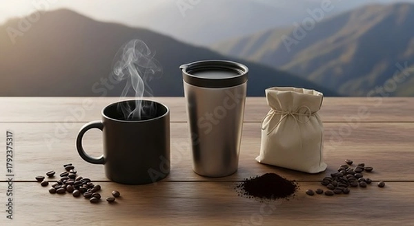 Obraz Fresh brewed coffee with steam and natural background