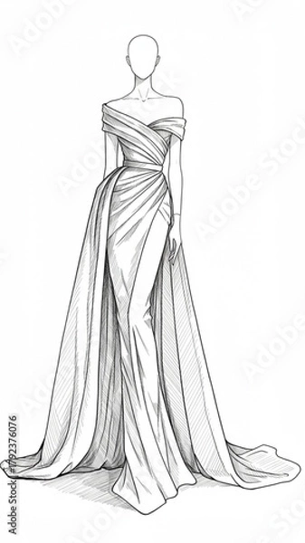 Obraz Elegant Draped Off-Shoulder Gown Fashion Illustration Sketch