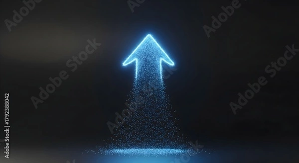 Fototapeta Digital upward arrow composed of glowing blue particles on a dark background, symbolizing growth, success, and progress.