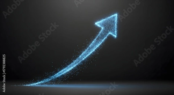 Fototapeta Blue glowing particle arrow moving upwards on a black background symbolizing digital growth and success.