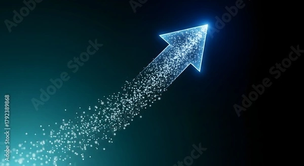 Fototapeta Abstract blue glowing arrow accelerating upwards with data particles on a dark technological background, symbolizing progress, success, and digital growth.