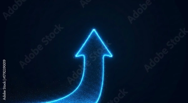 Fototapeta Glowing blue particle arrow moving upwards, symbolizing digital growth, progress, and futuristic technology success against a dark background.