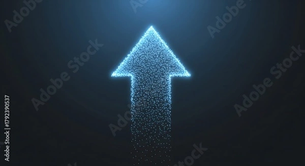 Fototapeta Abstract glowing blue particle arrow moving upwards, symbolizing growth, direction, and success in a digital concept.