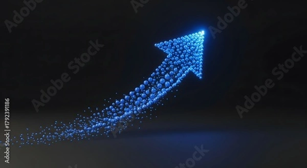 Fototapeta Abstract blue digital arrow composed of glowing particles moving upward on a dark background, representing progress, technology, and financial growth.