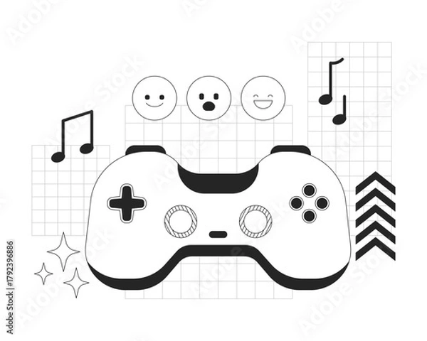 Obraz Gaming entertainment line onboarding ui illustration. Gamepad joy. Gamification. Game controller playing with emojis and music notes outline 2D concept isolated. Ink linear metaphor vector art