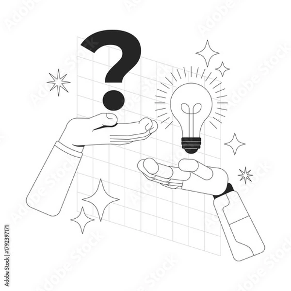 Obraz AI research line onboarding ui illustration. Artificial intelligence problem-solving. Human question, robotic hand with lightbulb solution outline 2D concept isolated. Ink linear metaphor vector art