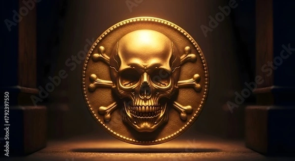 Fototapeta A single golden coin engraved with skull emblem, glowing under moody warm light