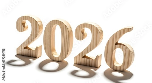 Fototapeta Wooden numbers forming the year 2026 on a clean white surface