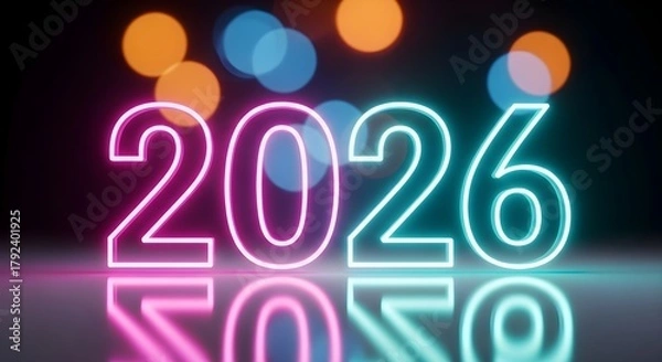 Fototapeta Futuristic 2026 neon numbers reflecting on surface with bokeh