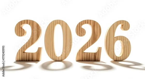 Fototapeta Year 2026 wooden numbers stand with shadow on white background