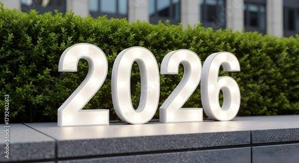 Fototapeta Marquee numbers 2026 illuminated on a sleek modern urban setting