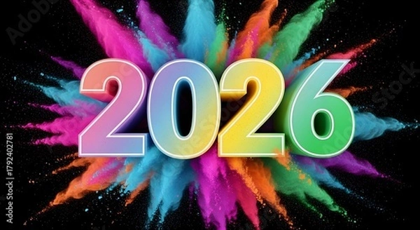 Fototapeta Vibrant 2026 3d text in colorful powder explosion celebration