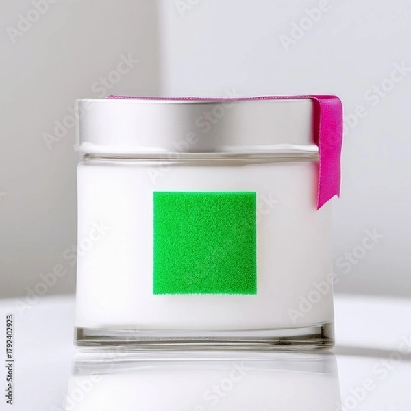 Obraz A white jar with a metallic lid, a bright green square label, and a pink ribbon tied around the lid, presented on a reflective surface.