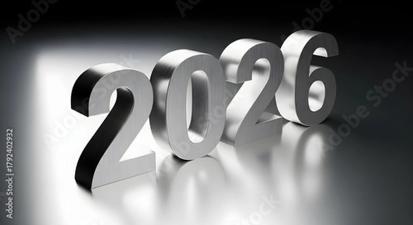 Fototapeta Silver metallic 2026 3d typography on a sleek reflective surface