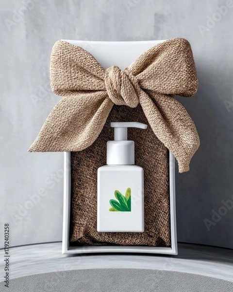 Obraz A white pump bottle with a green leaf design is presented in a white box, adorned with a large burlap bow.