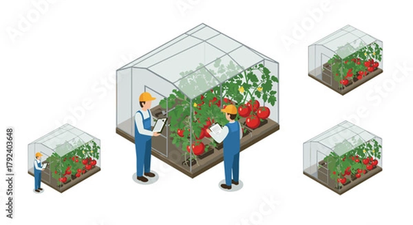 Fototapeta Isometric greenhouse with farmers inspecting tomato plants in various sizes