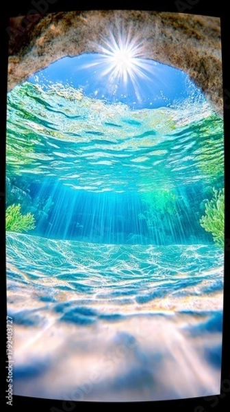 Obraz Sunlight streams through the surface of a clear, turquoise ocean, illuminating the sandy seabed and creating beautiful light rays underwater.
