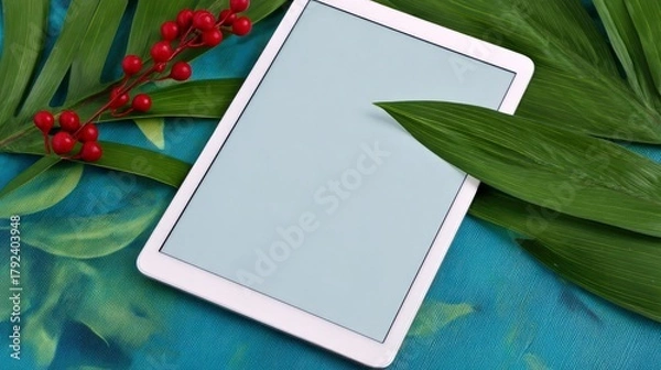 Obraz A white tablet device with a blank screen is artfully arranged with vibrant green leaves and bright red berries on a textured blue surface.