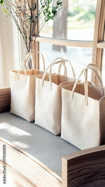 Obraz Three natural canvas tote bags are arranged on a wooden bench, bathed in soft sunlight from a nearby window, with a vase of dried flowers in the background.