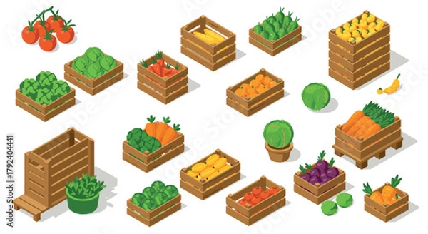 Fototapeta Isometric vegetables in wooden crates and baskets on white background