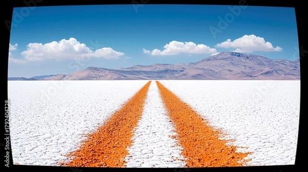 Obraz A vibrant orange path stretches across a vast, cracked white salt flat towards a distant mountain range under a bright blue sky with fluffy white clouds.