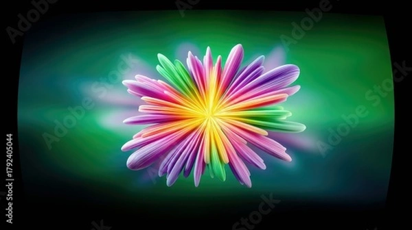 Obraz A single, abstract flower with many brightly colored petals radiating outwards from a central yellow core against a blurred green background.