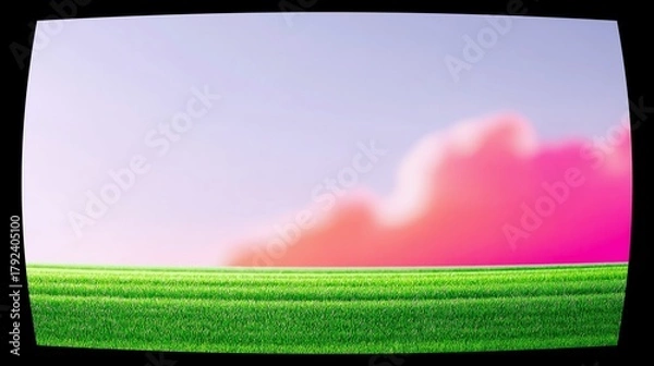 Obraz A bright green, manicured grass field stretches across the foreground under a pale purple sky with a large, soft pink cloud.