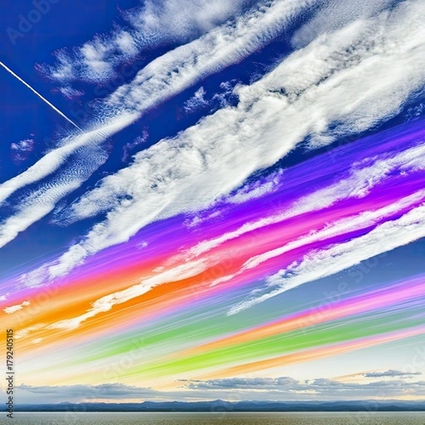 Obraz A dramatic sky features diagonal bands of clouds colored in vibrant rainbow hues, with a contrail from an airplane visible.