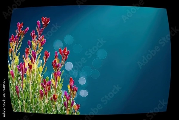 Obraz A close-up shot of a plant with colorful leaves in shades of red, yellow, and green, set against a blurred blue background with bokeh lights.