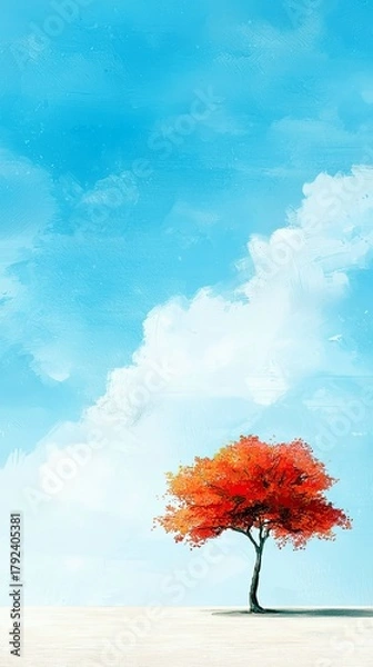 Obraz A single, vibrant red tree stands in a minimalist landscape under a bright blue sky with white clouds.