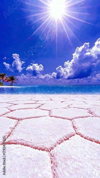 Obraz A stunning tropical landscape featuring hexagonal salt formations in the foreground, leading to a calm turquoise ocean under a brilliant sun and blue sky.