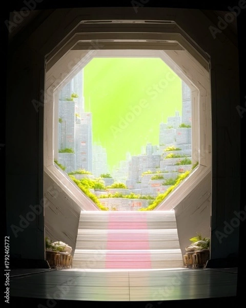 Obraz A view through a modern doorway reveals a cityscape with tiered buildings covered in vibrant green vegetation under a bright, neon-green sky.