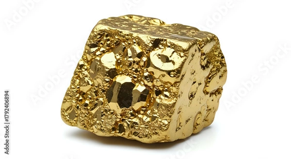 Fototapeta A single gold nugget with a rough texture sitting on a white surface in a studio setting showing detail