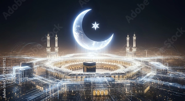 Fototapeta Illuminated kaaba with crescent moon and star above, surrounded by abstract architectural structures