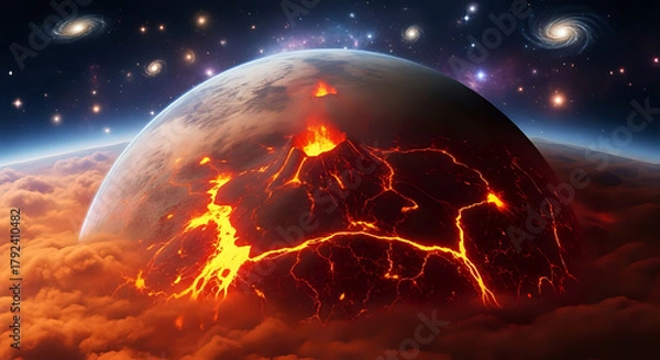 Fototapeta A planet with a volcano erupting lava surrounded by clouds and galaxies in the dark night sky
