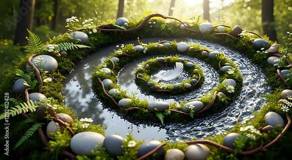 Fototapeta Spiral water feature with stones moss and feather in a forest setting on a bright sunny day