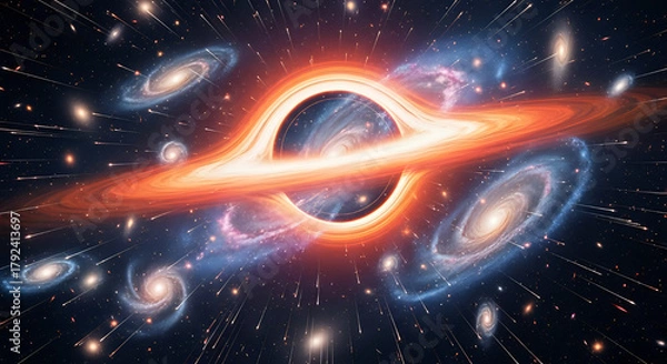 Fototapeta A digital rendering of a black hole surrounded by galaxies and shooting star like streaks of light