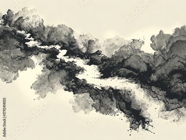 Fototapeta Abstract Chinese ink painting depicts black ink swirling in water, creating a dreamlike and ethereal landscape through expressive brushstrokes, negative space, and monochrome art.