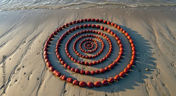 Fototapeta Spiral pattern of red buoys on a sandy beach near the ocean with waves gently washing ashore