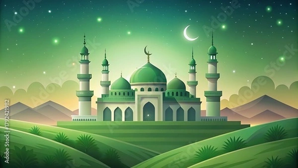 Obraz Beautiful islamic mosque with green domes and minarets under a starry night sky