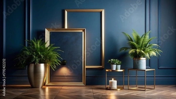 Obraz Elegant interior design with golden frames and lush green plants