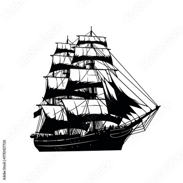 Fototapeta Vintage tall ship sailing on the open sea silhouette