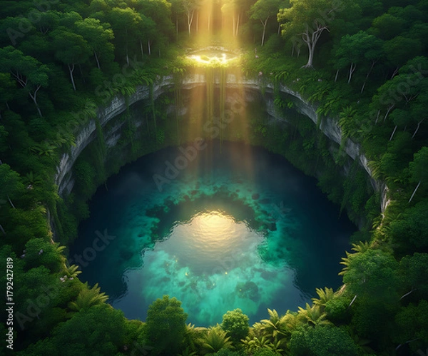 Obraz A hidden cenote with a cascading waterfall, illuminated by soft sunlight filtering through the trees. This serene and glowing scene is perfect for nature exploration, adventure, and spiritual content.