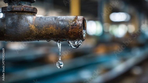 Obraz Close-up of a rusty metal pipe leaking water, symbolizing waste and repair needs.