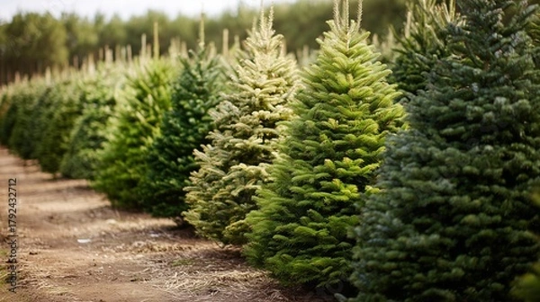 Obraz Rows of lush christmas trees on a farm symbolize festive preparation and holiday tradition.