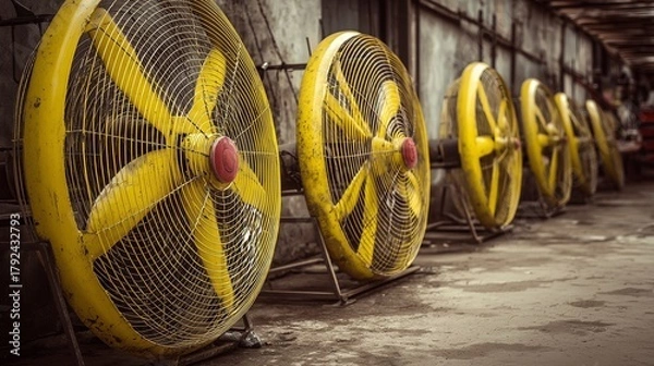 Obraz Large industrial fans lined up for moisture control in a warehouse.